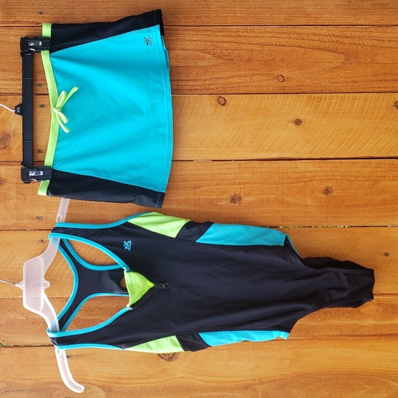 Zero Xposer One Piece Swimsuit + Swim Skirt Coverup Colors Purple Black Teal - Picture 10 of 11